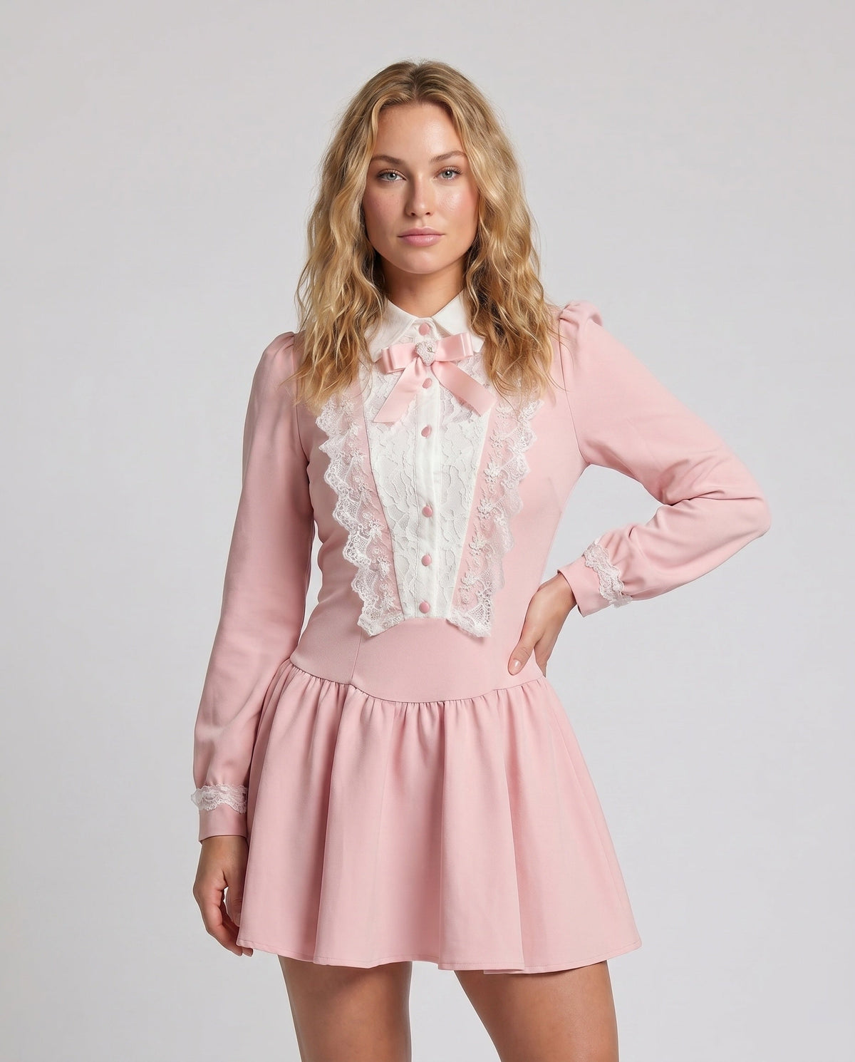 Women playful A-line dress with lace appliqués and bow detail - upper body view
