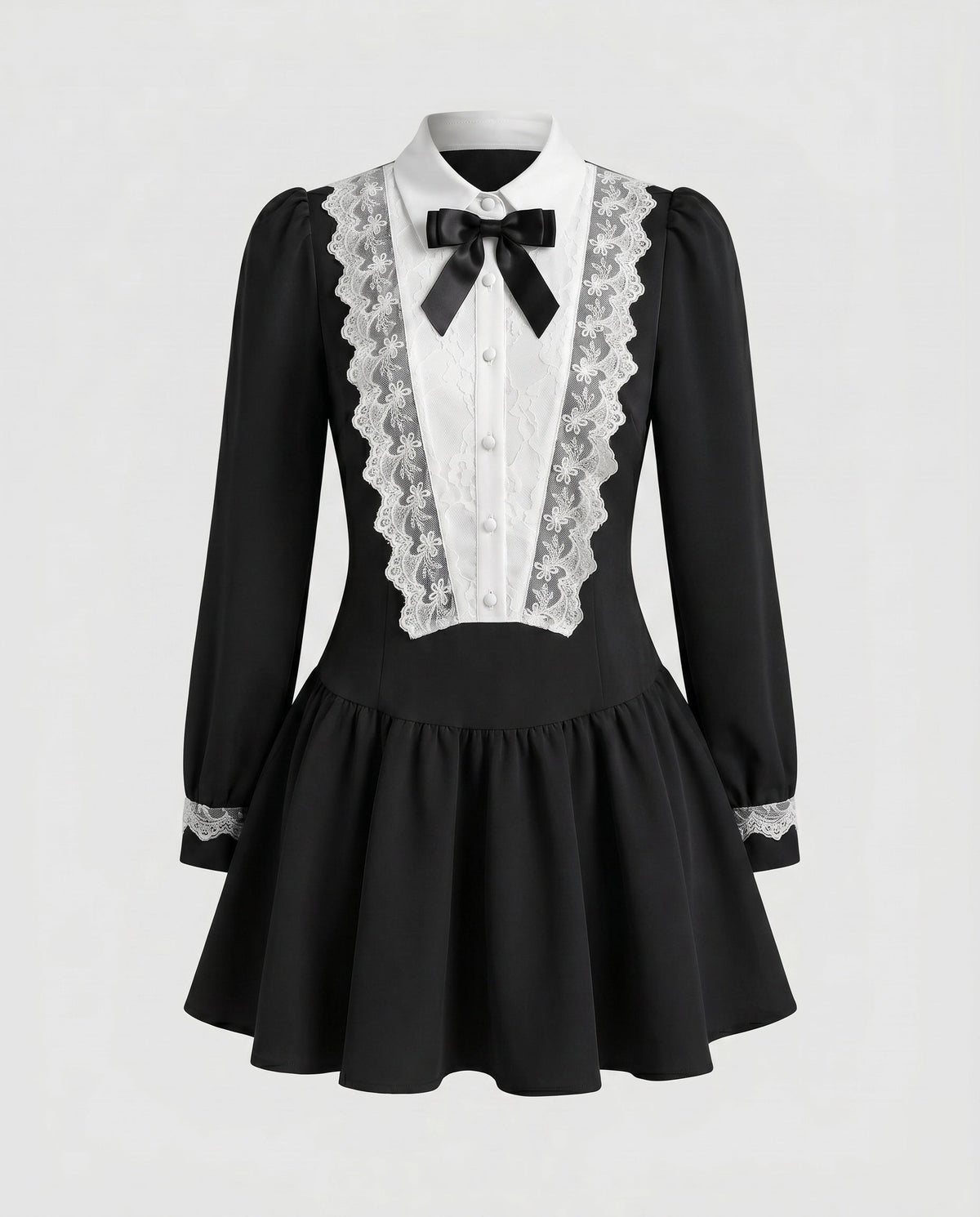 Women playful A-line dress with lace appliqués and bow detail - product shot