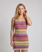 Women's bandeau dress with colorful ethnic pattern and fresh ruffle hem - upper body view