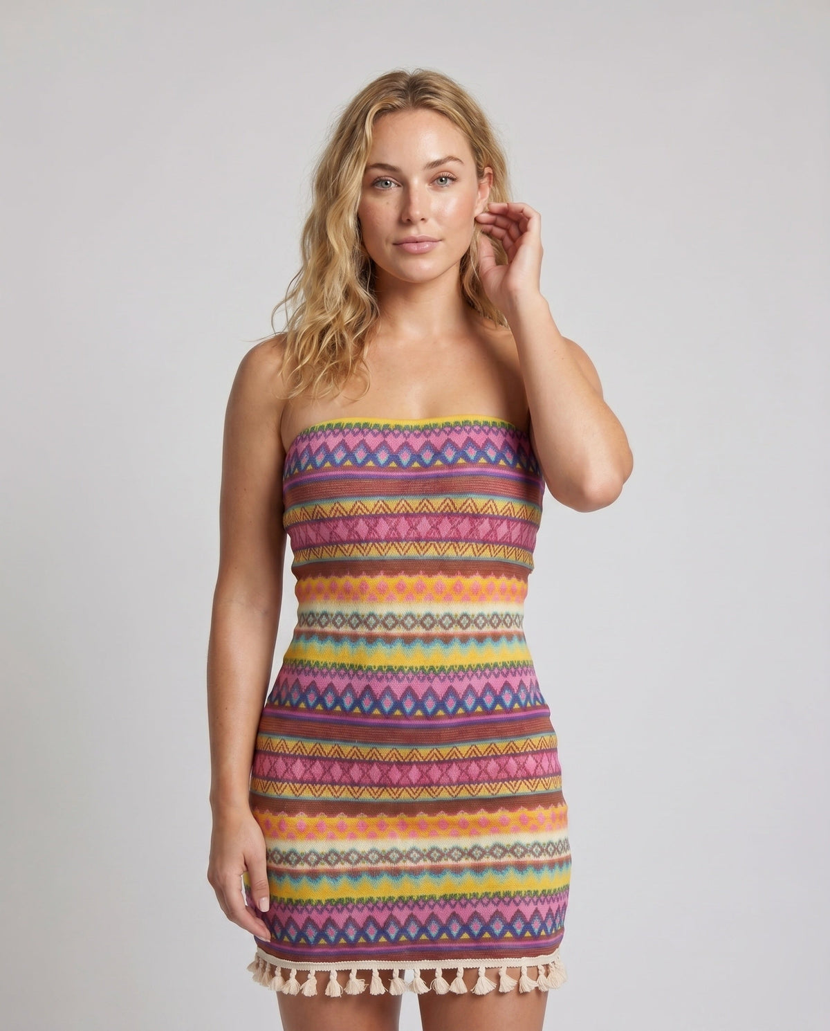 Women's bandeau dress with colorful ethnic pattern and fresh ruffle hem - upper body view