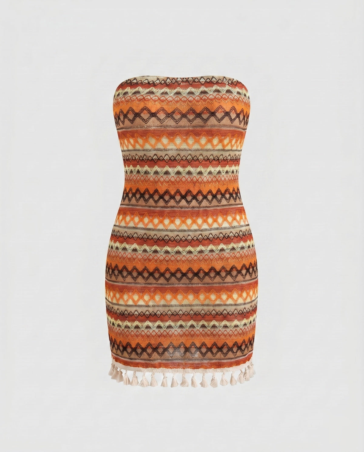 Women's bandeau dress with colorful ethnic pattern and fresh ruffle hem - product shot