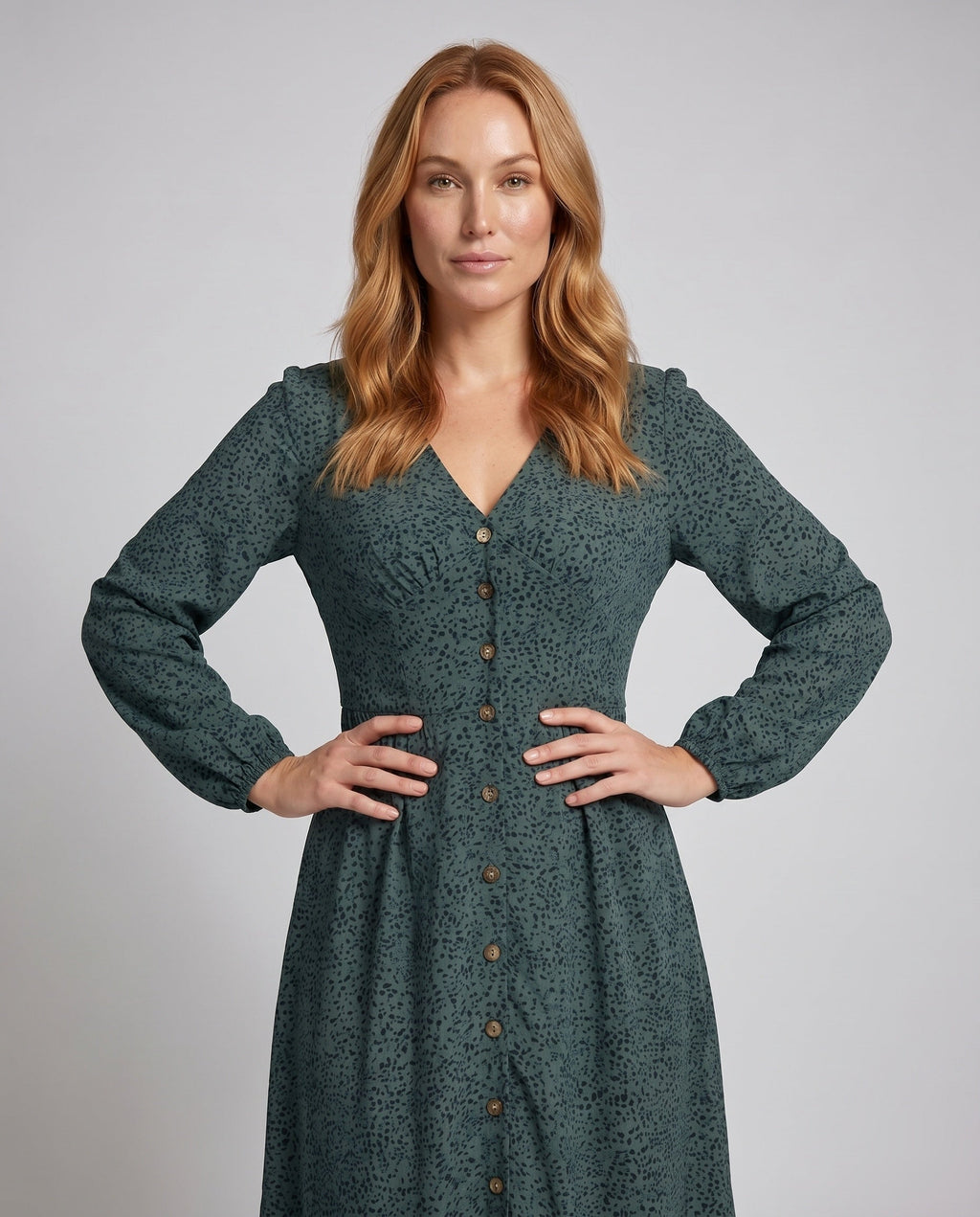 Women's blouse dress with elegant button details and high waist cut - upper body view