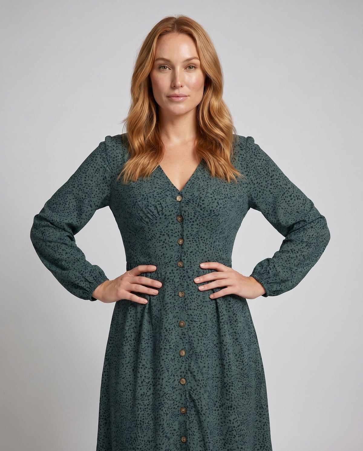Women's blouse dress with elegant button details and high waist cut - upper body view