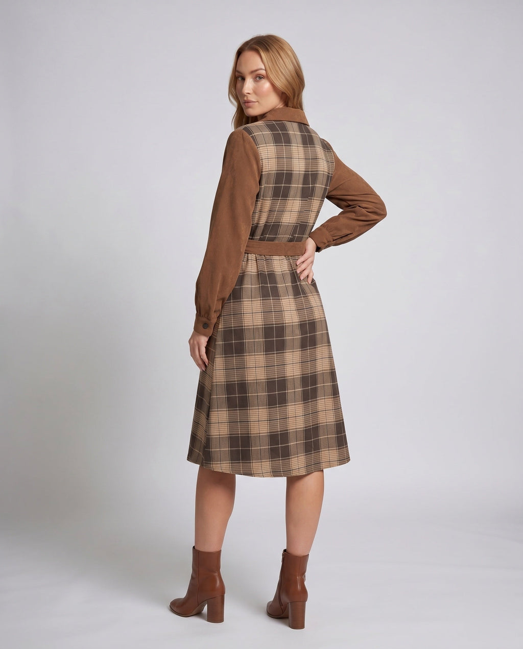 Women's shirt dress with belt and modern check pattern - back view