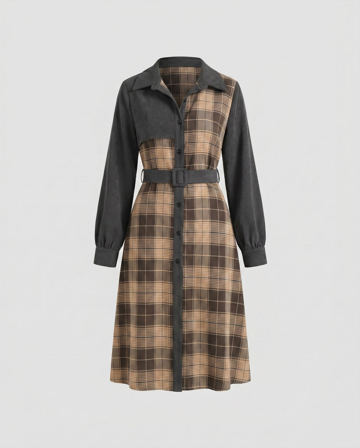 Women's shirt dress with belt and modern check pattern - product shot