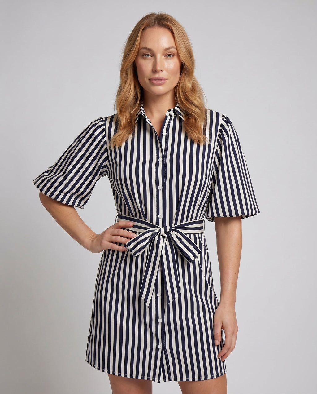 Women's shirt dress with fashionable stripes and tie belt - upper body view