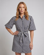 Women's shirt dress with fashionable stripes and tie belt - upper body view