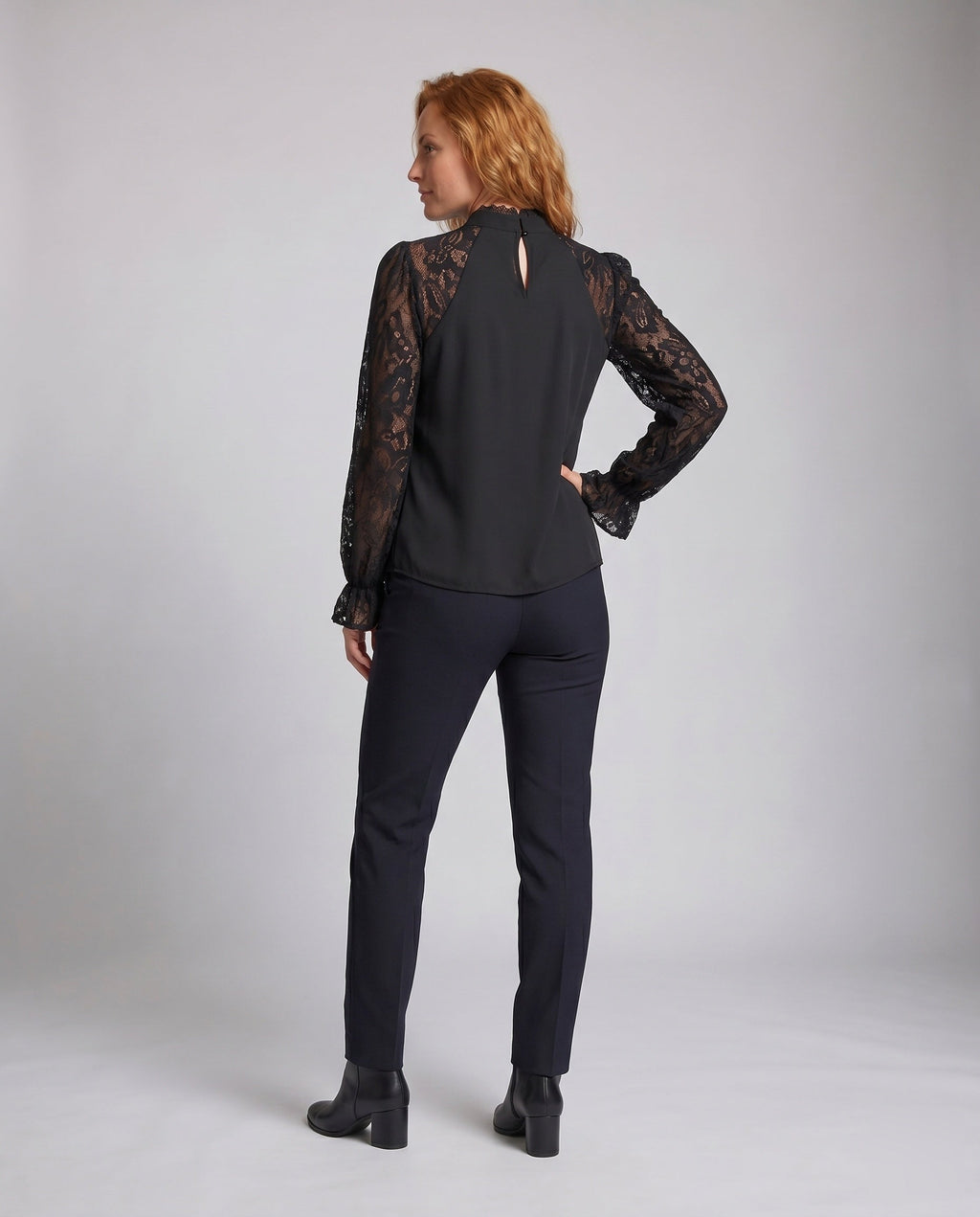 Women's blouse top with refined lace sleeves - back view