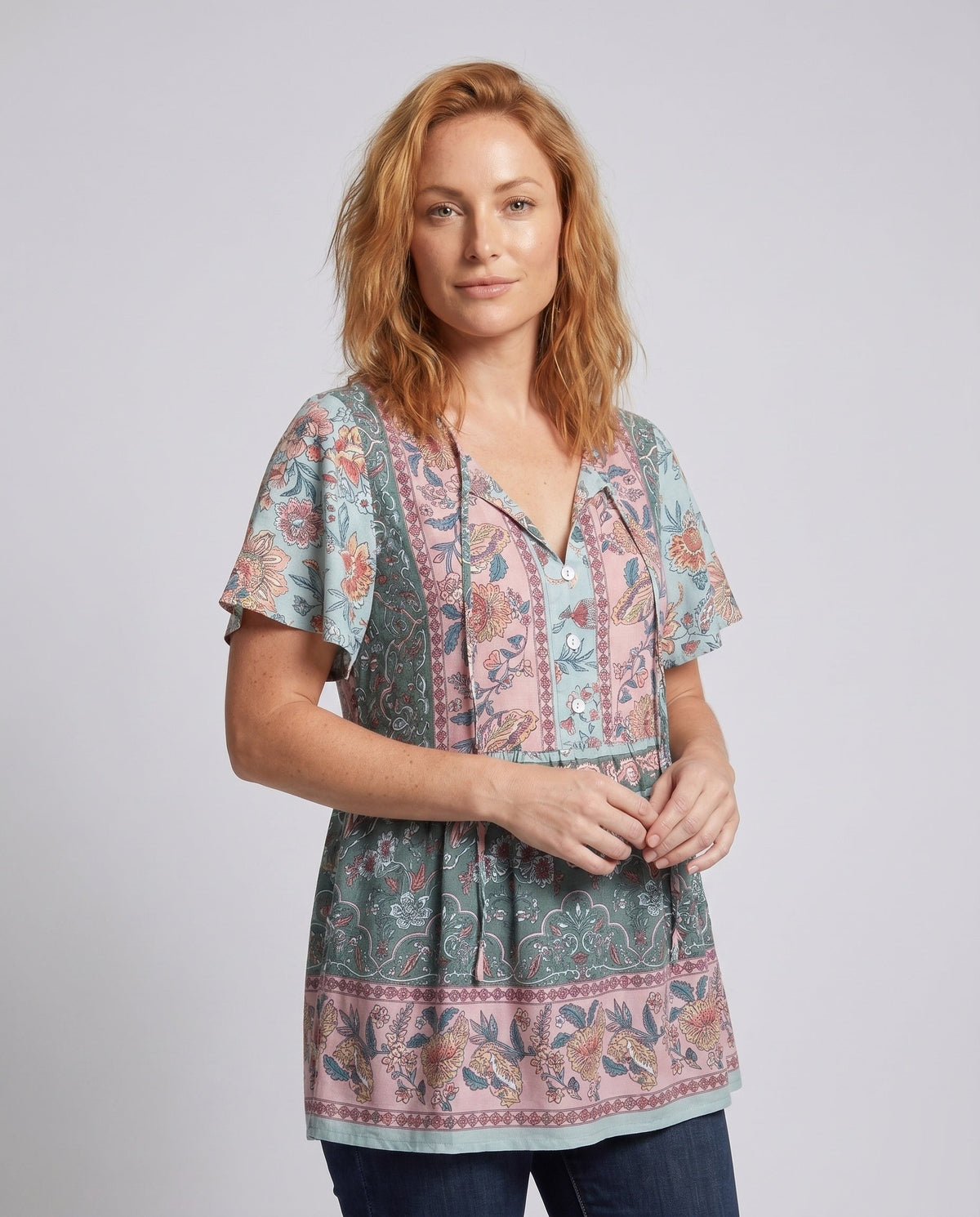 Women's blouse shirt with floral pattern and casual cut - upper body view