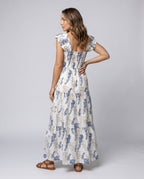 Women's Boho Maxi Dress with Ruffled Straps and Floral Print Details - back view