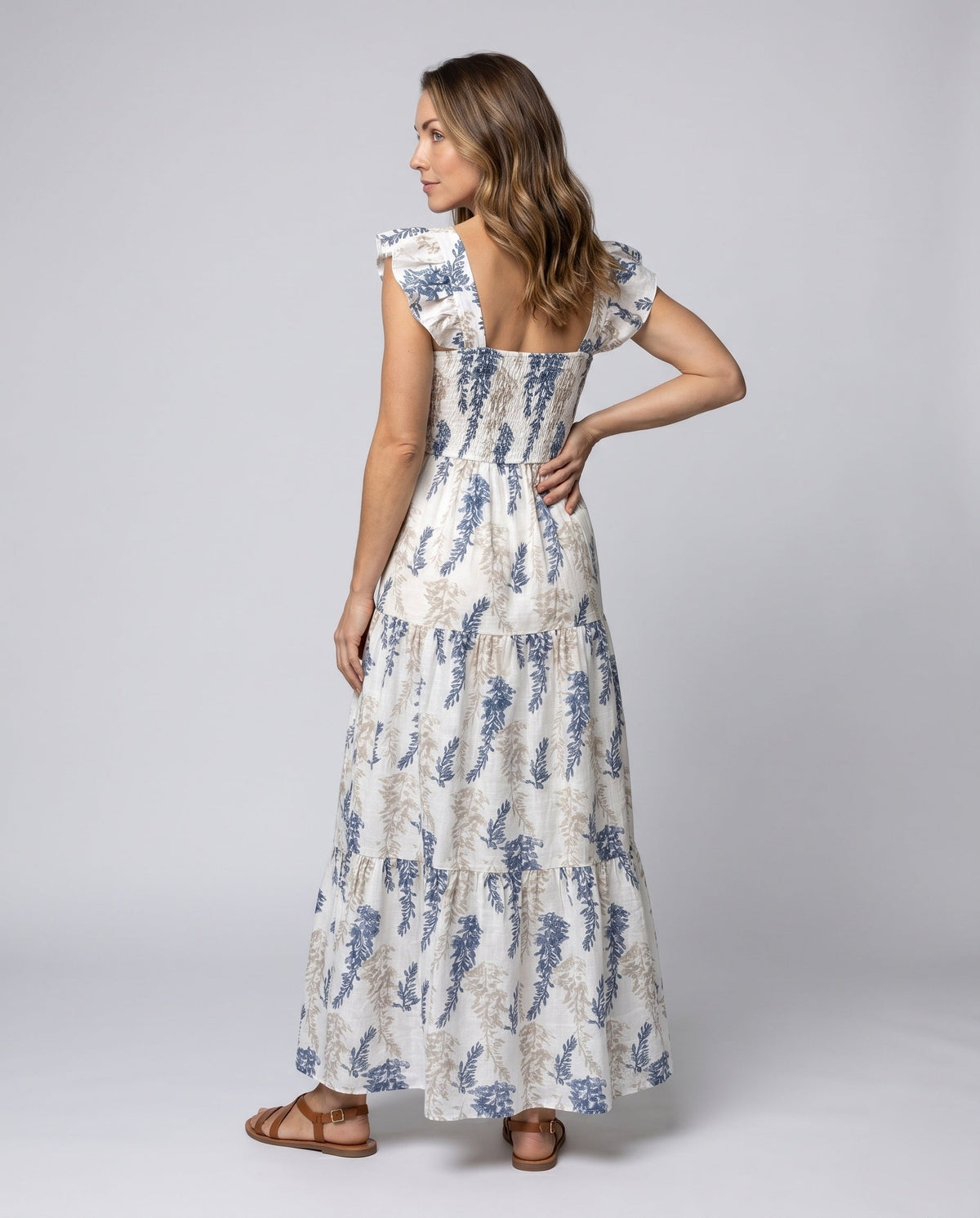 Women's Boho Maxi Dress with Ruffled Straps and Floral Print Details - back view