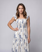 Women's Boho Maxi Dress with Ruffled Straps and Floral Print Details - upper body view