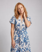 Women’s floral maxi dress with waist belt and elegant ruffle hem - upper body view