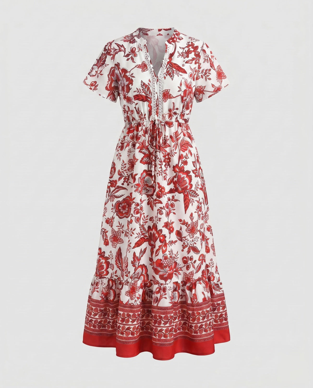 Women’s floral maxi dress with waist belt and elegant ruffle hem - product shot