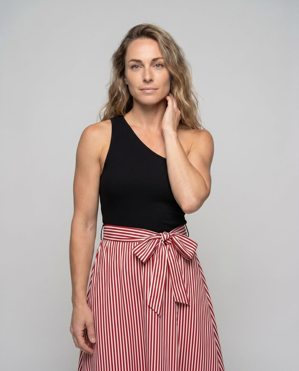 Women's dress with asymmetrical cut and side slit - upper body view