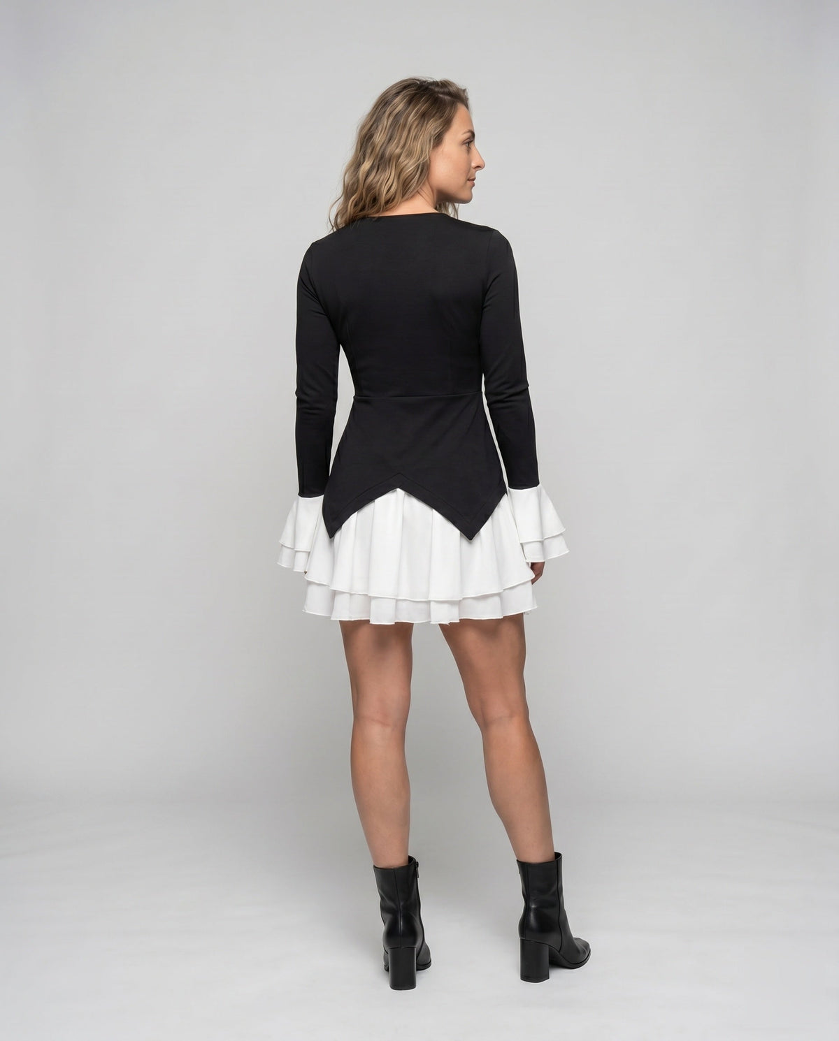 Women's dress with deep V-neckline and palazzo skirt - back view