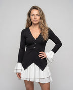 Women's dress with deep V-neckline and palazzo skirt - upper body view