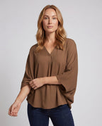 Women's casual blouse shirt with V-neck and slit sleeves - upper body view