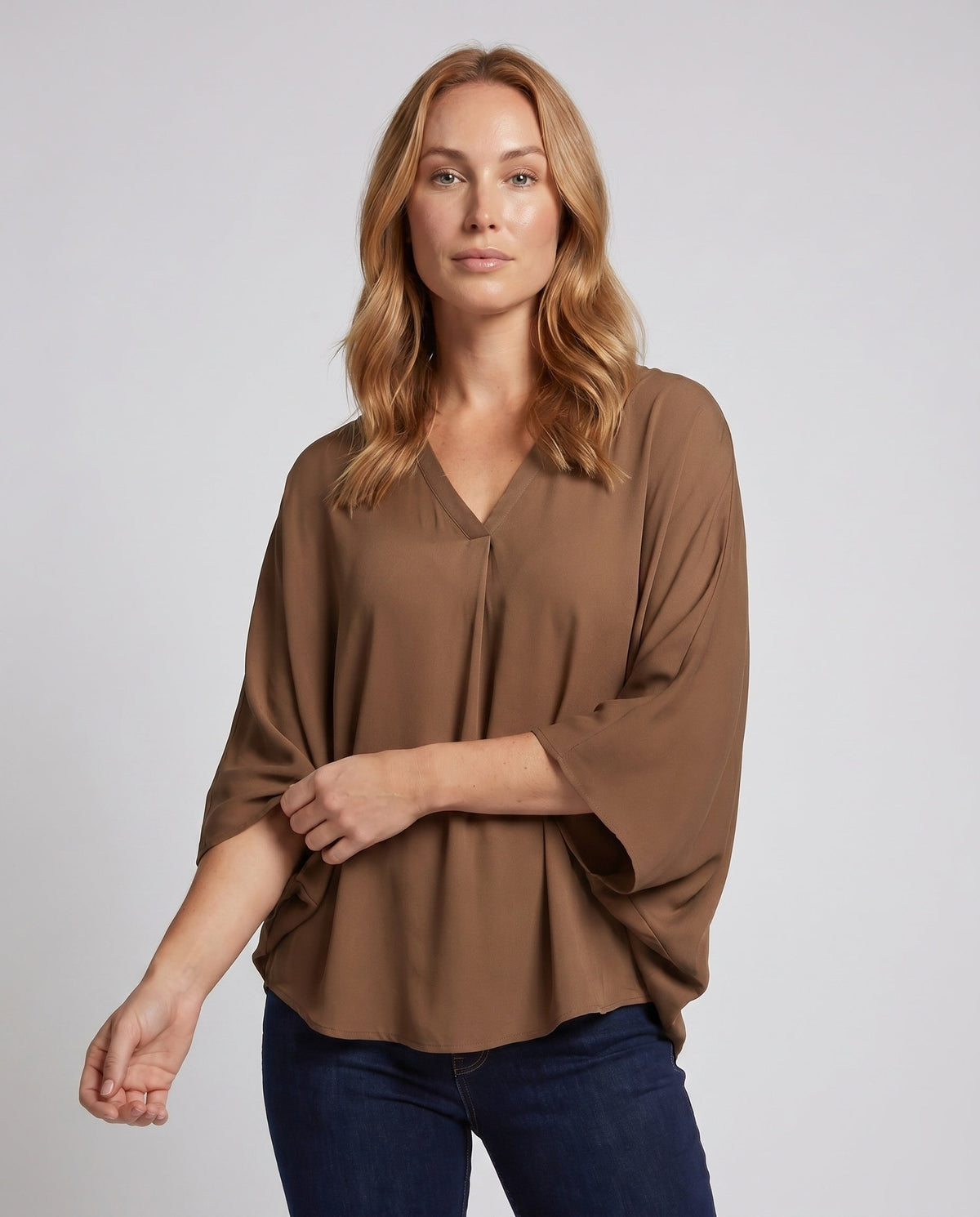 Women's casual blouse shirt with V-neck and slit sleeves - upper body view