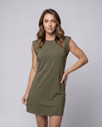 Women's casual T-shirt dress with sleeveless cut and elegant minimalist design - upper body view