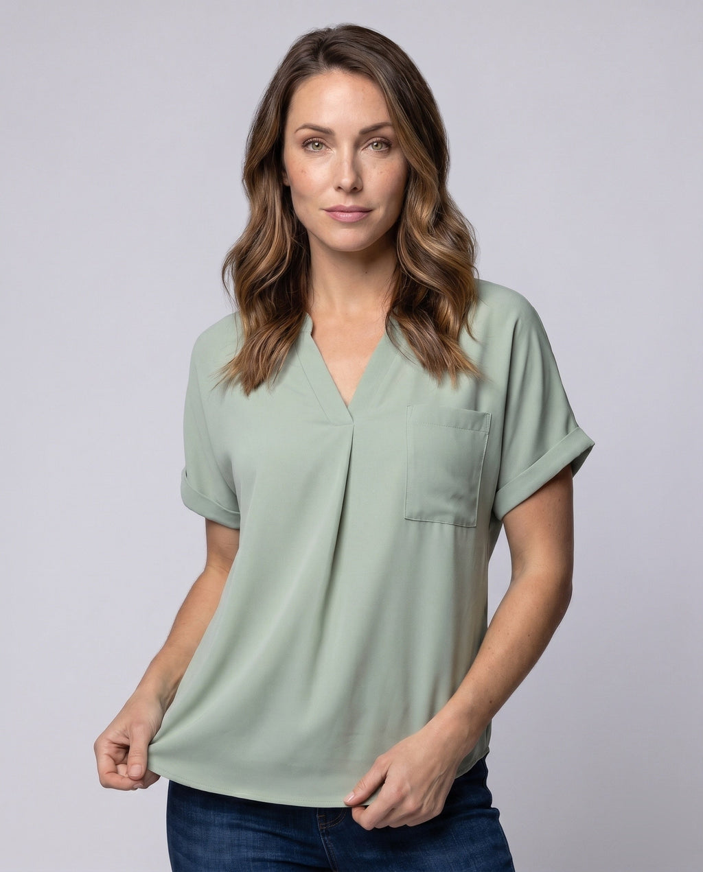 Women casual V neck blouse shirt with chest pocket - upper body view