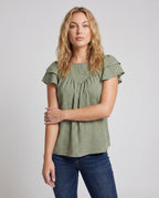 Women airy blouse shirt with ruffle details and polka dot pattern - upper body view