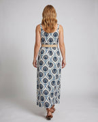 Women's maxi dress with attractive floral design and chic waist belt - back view