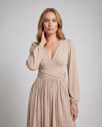 Women’s Maxi Dress with elegant V-neck and casual ruffled hem - upper body view