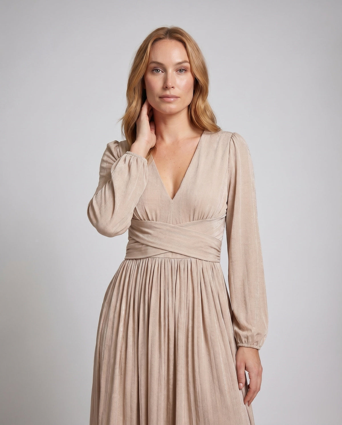 Women’s Maxi Dress with elegant V-neck and casual ruffled hem - upper body view