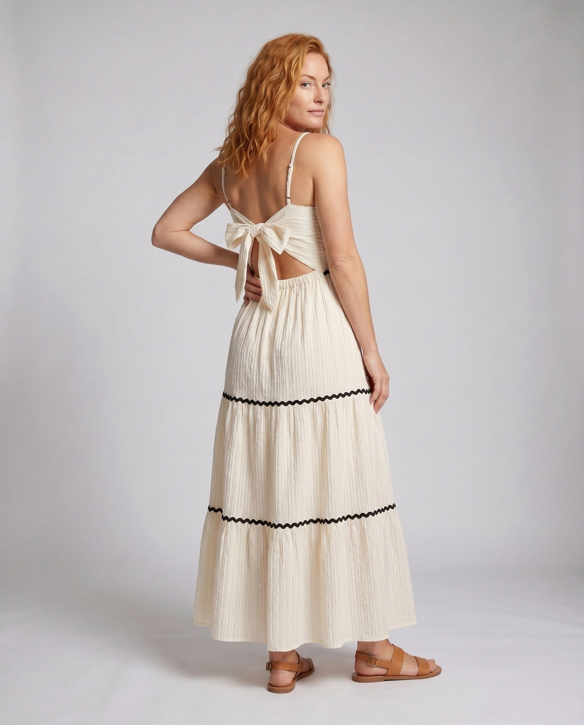 Women's Maxi Dress with Fine Ruffles and Delicate Straps - back view