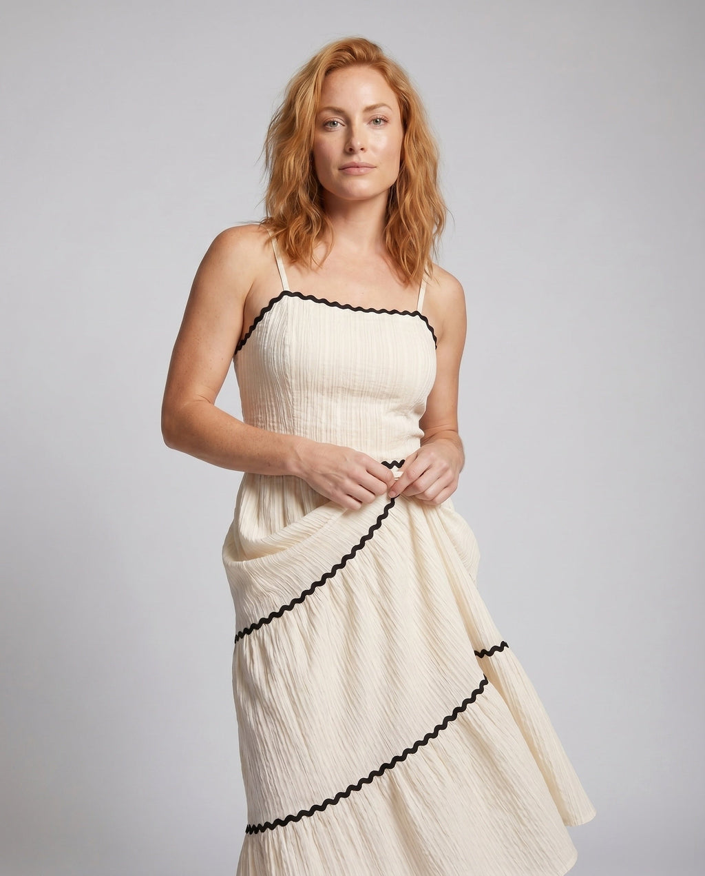 Women's Maxi Dress with Fine Ruffles and Delicate Straps - upper body view