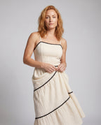 Women's Maxi Dress with Fine Ruffles and Delicate Straps - upper body view