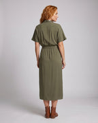 Ladies Maxi Dress with stylish waist belt and elegant button design - back view