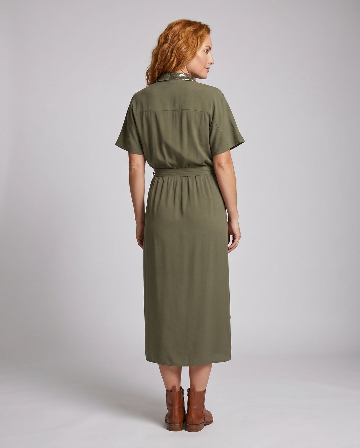 Ladies Maxi Dress with stylish waist belt and elegant button design - back view