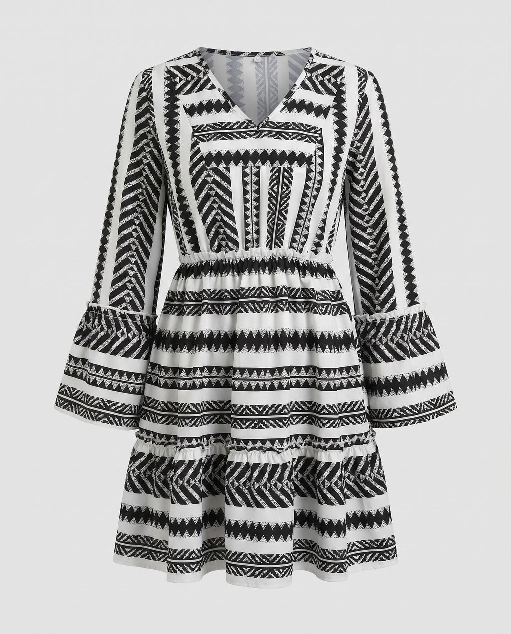 Women’s midi dress with eye-catching geometric pattern and V-neck - product shot