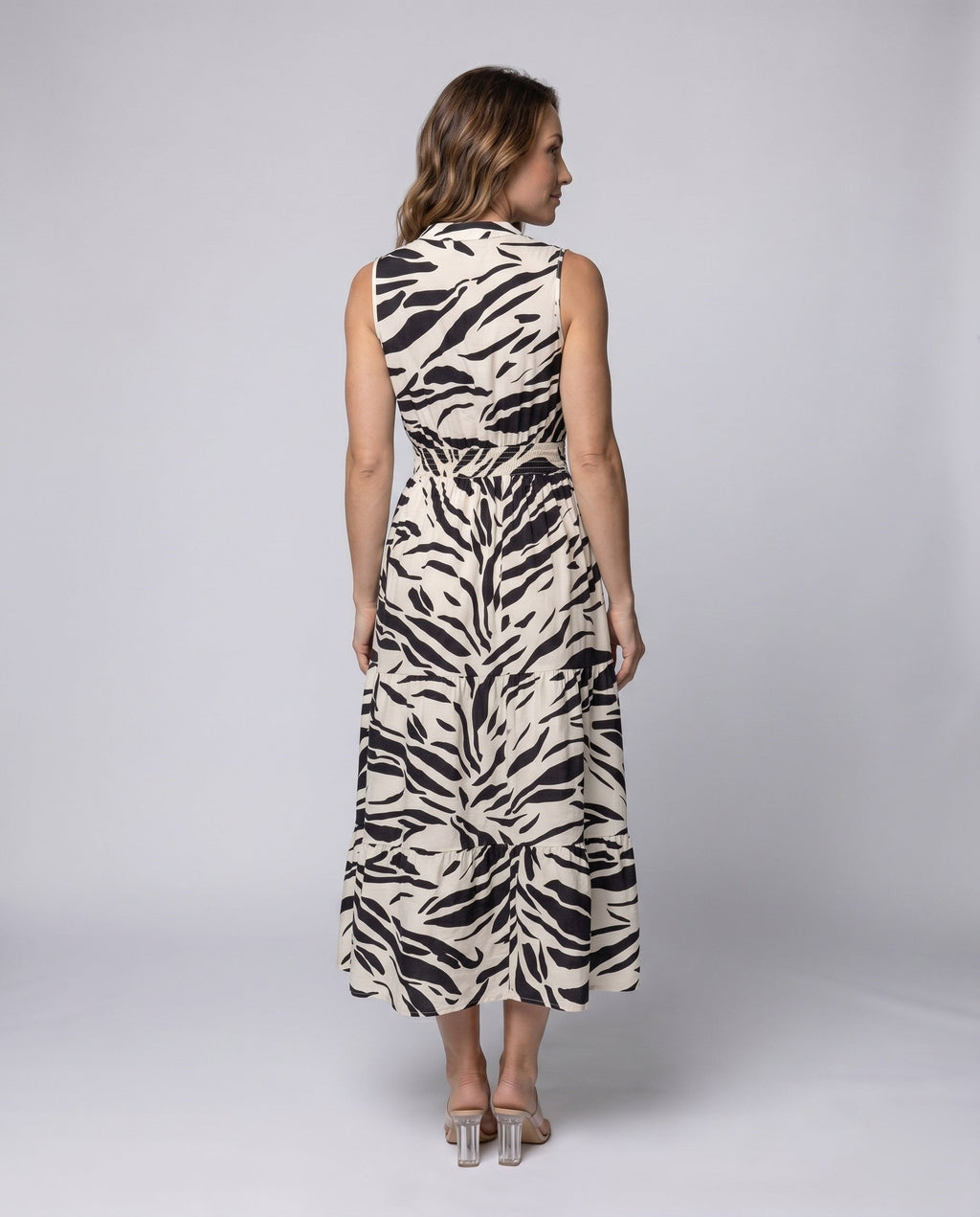 Women's midi dress with elegant ZAll Fashionra pattern and voluminous skirt - back view