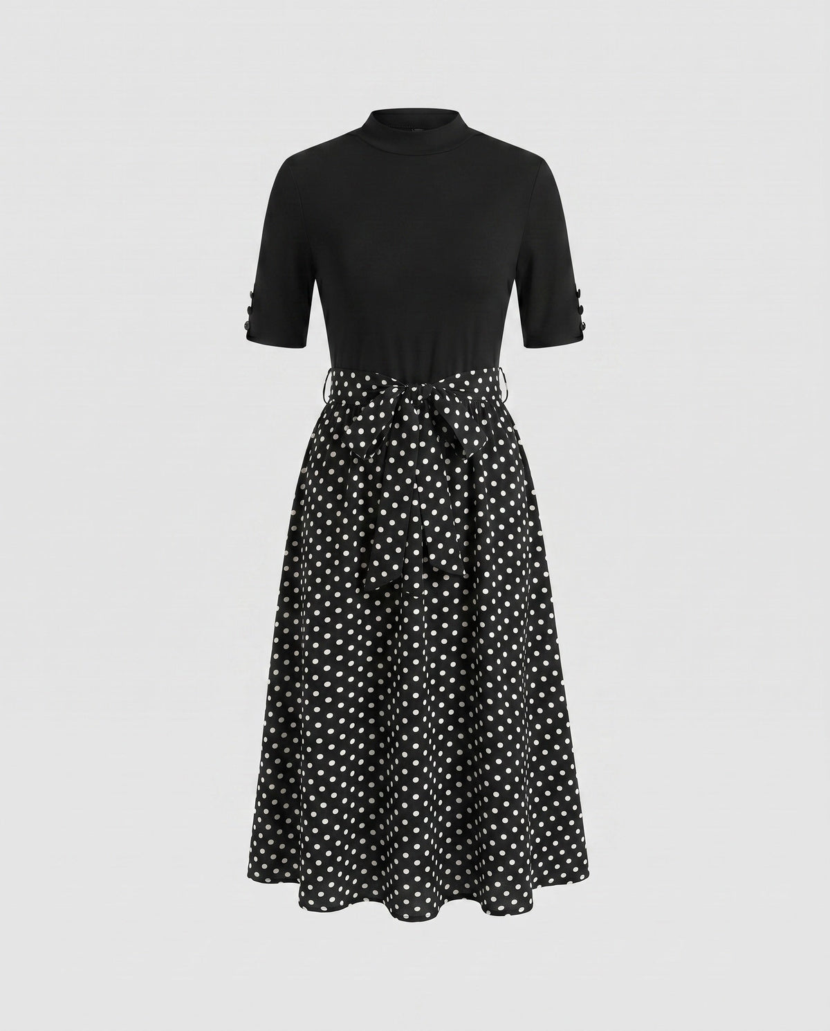 Ladies midi dress with elegant tie belt and fashionable polka dot pattern - product shot