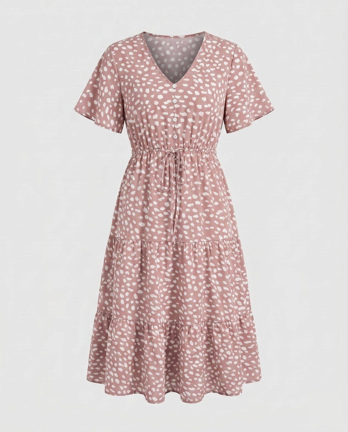 Women’s midi dress with flowing skirt and decorative polka dot pattern - product shot