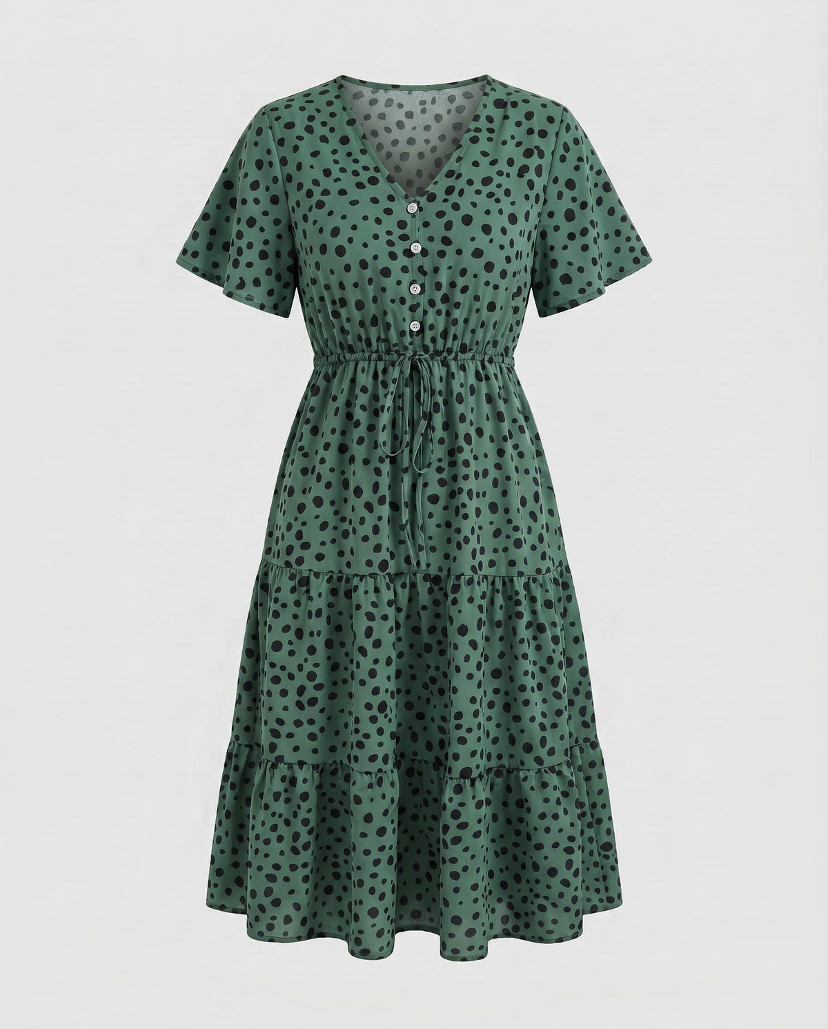 Women’s midi dress with flowing skirt and decorative polka dot pattern - product shot