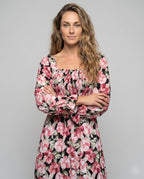 Women's midi dress with floral design and chic slit - upper body view