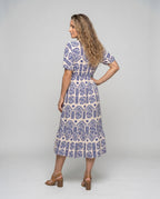 Women's midi dress with floral pattern and elastic waist belt - back view