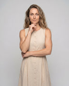 Women’s midi dress with button placket and side slit - upper body view