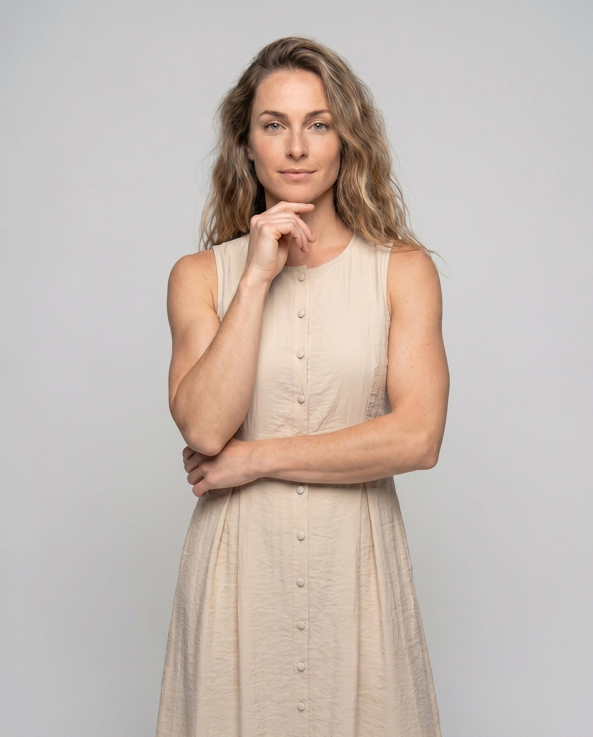 Women’s midi dress with button placket and side slit - upper body view