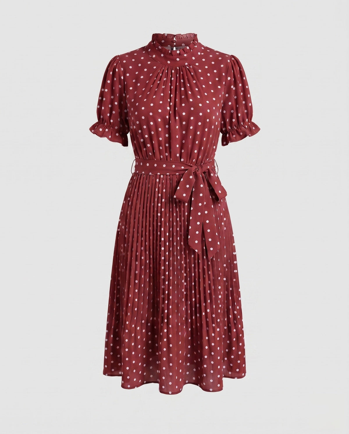 Women's midi dress with ruffle details and fitted belt - product shot