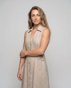 Women’s midi dress with a tailored fit and stylish button details - upper body view