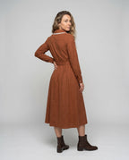 Women's midi dress with a wide cut collar and button details - back view
