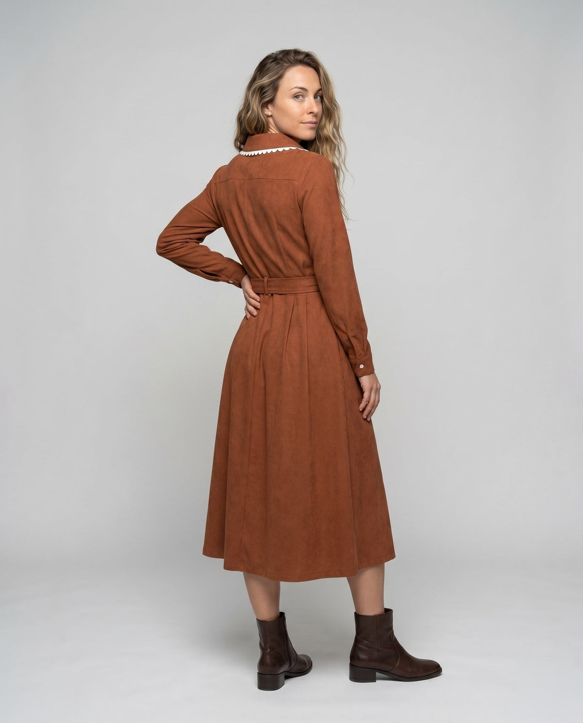 Women's midi dress with a wide cut collar and button details - back view