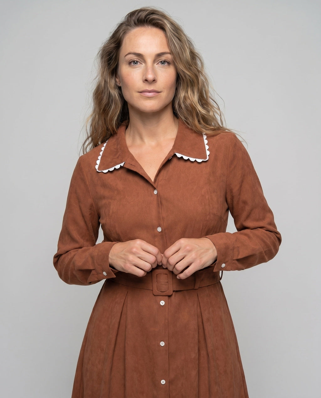 Women's midi dress with a wide cut collar and button details - upper body view