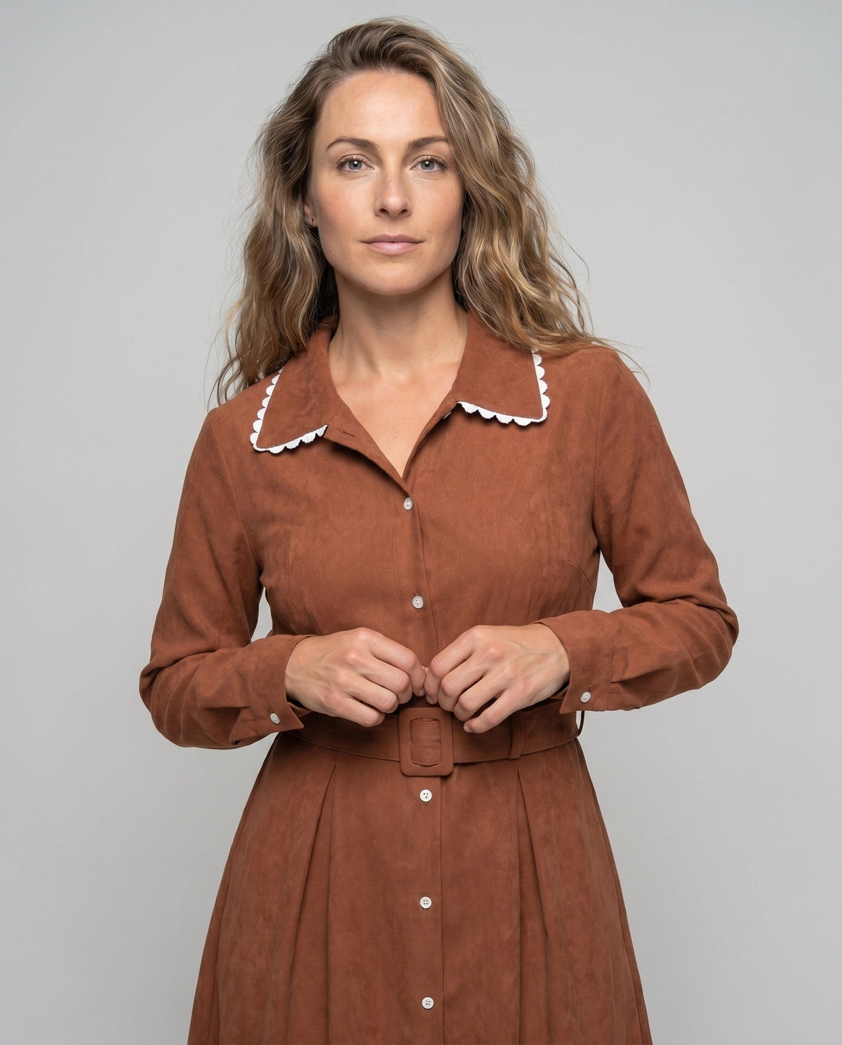 Women's midi dress with a wide cut collar and button details - upper body view