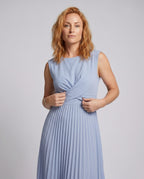 Women's Pleated Maxi Dress with Wrap Top and Elegant Waist Tie - upper body view